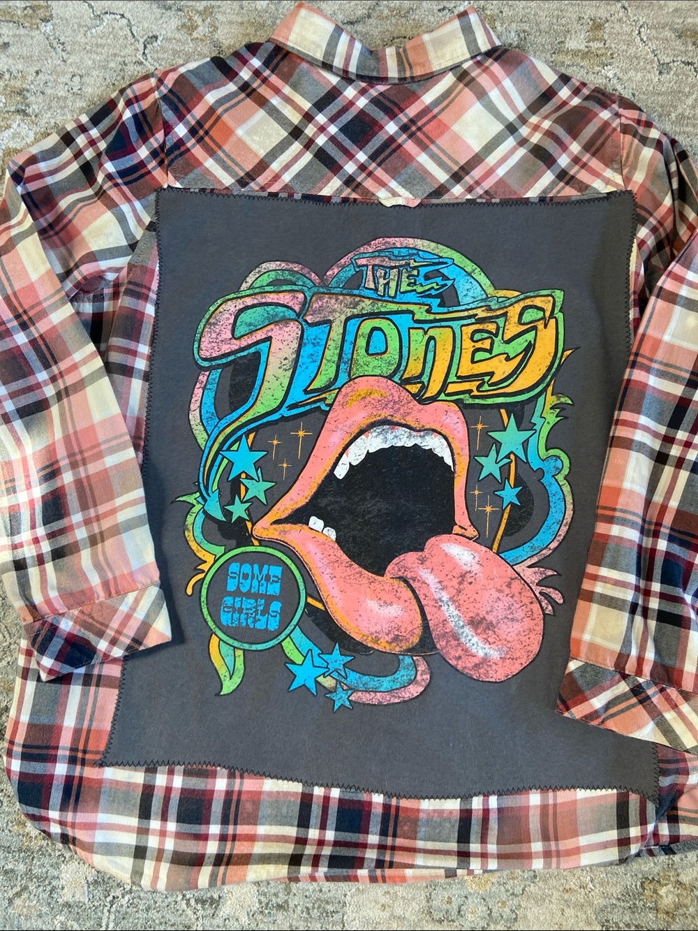 Handcrafted Distressed Flannel and Graphic Tee featuring The Stones